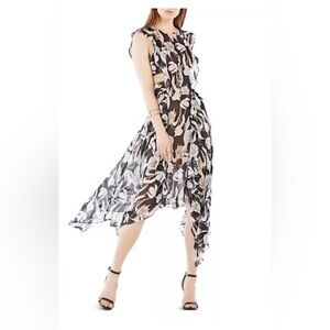 BCBGMaxAzria JANN Black and Cream Asymmetrical Floral-Print Dress